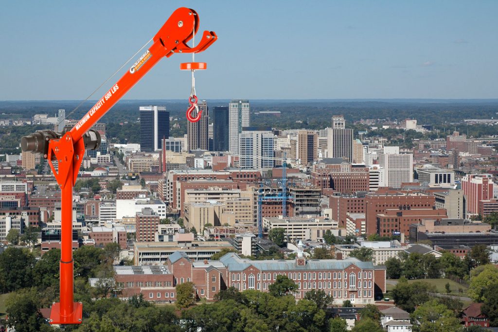 Rooftop Columbia 5AFM Davit crane with pedestal base mount and Columbia HD670-1A34-L-11 AC Electric Hoist
