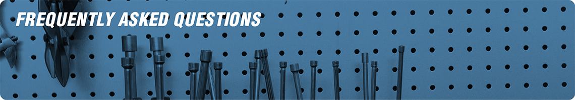 FAQ Banner over a background of a close up shoot of a tool bench.